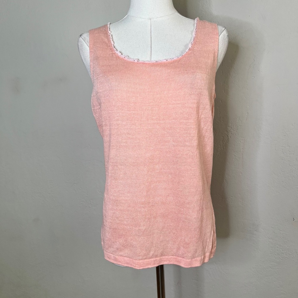 Lafayette 148 New York Knit Tank Top Sleeveless Size L Pink Lace Trim Scoop Neck